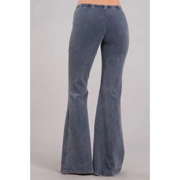 Blue Gray Boho Mineral Wash Flared Stretch Pants - Picture 3 of 6